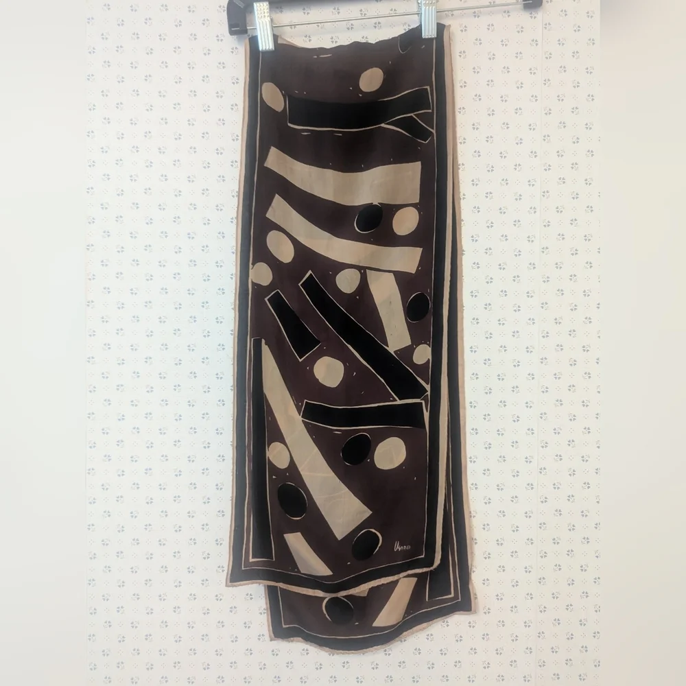 Vera Vintage Silk Scarf Skinny Brown Black Cream Patterned 1970's
